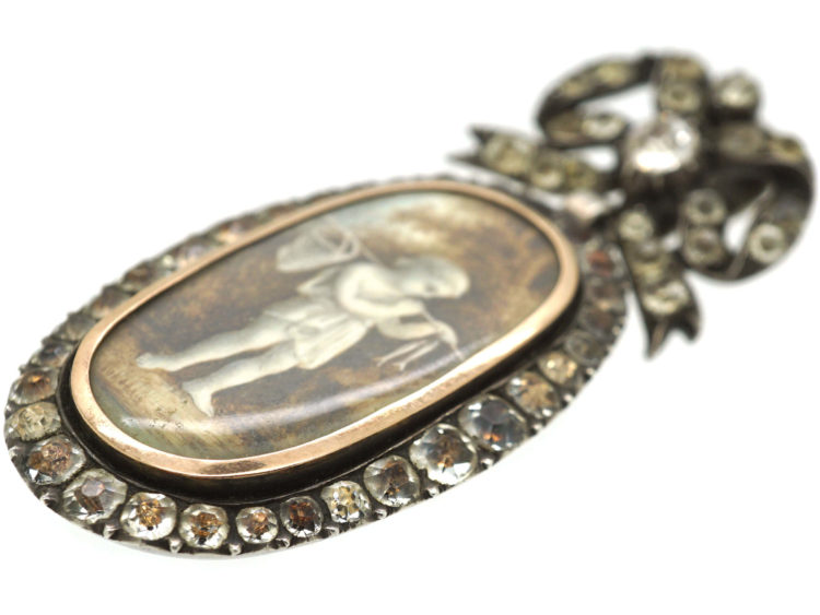 French Early 19th Century Silver & Paste Miniature Pendant of a Young Boy With Fishing Net & Fish