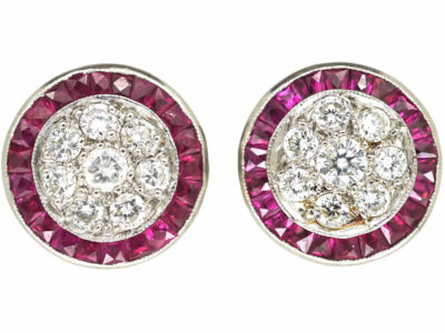 Art Deco Platinum Target Earrings set with French Cut Rubies & Diamonds Art Deco Platinum Target Earrings set with French Cut Rubies & Diamonds