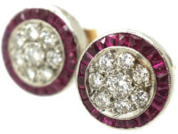 Art Deco Platinum Target Earrings set with French Cut Rubies & Diamonds