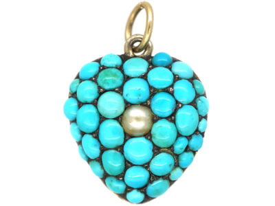 Victorian 9ct Gold, Turquoise & Natural Split Pearl Heart Forget Me Not Pendant