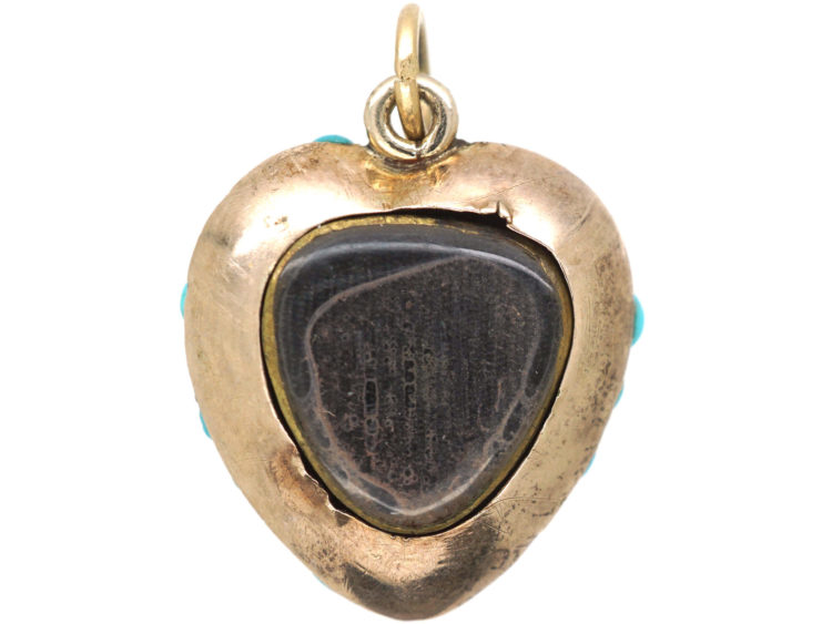 Victorian 9ct Gold, Turquoise & Natural Split Pearl Heart Forget Me Not Pendant