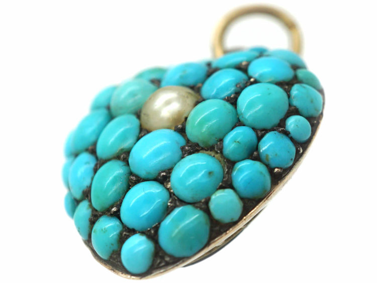 Victorian 9ct Gold, Turquoise & Natural Split Pearl Heart Forget Me Not Pendant