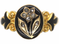 Early Victorian 15ct Gold, Black Enamel & Rose Diamond Pansy Ring with Hidden Compartment