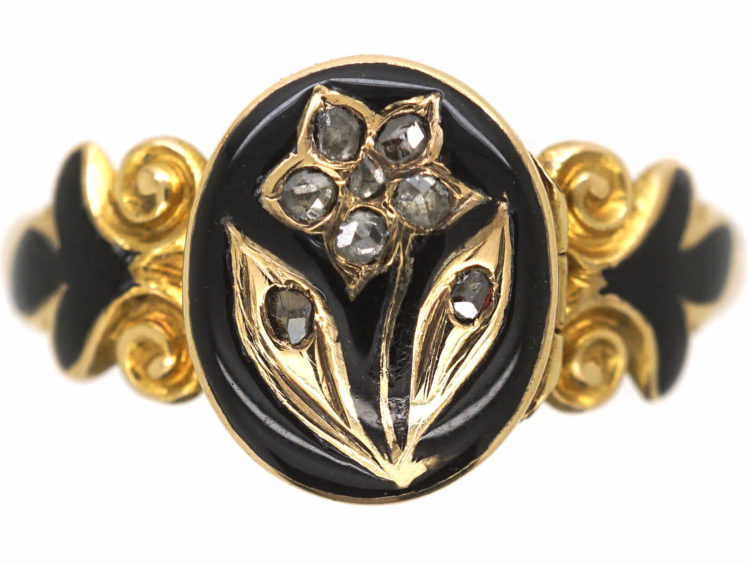 Early Victorian 15ct Gold, Black Enamel & Rose Diamond Pansy Ring with Hidden Compartment