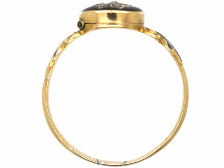 Early Victorian 15ct Gold, Black Enamel & Rose Diamond Pansy Ring with Hidden Compartment