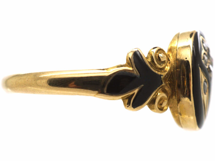 Early Victorian 15ct Gold, Black Enamel & Rose Diamond Pansy Ring with Hidden Compartment