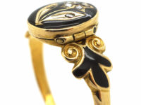 Early Victorian 15ct Gold, Black Enamel & Rose Diamond Pansy Ring with Hidden Compartment