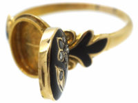 Early Victorian 15ct Gold, Black Enamel & Rose Diamond Pansy Ring with Hidden Compartment