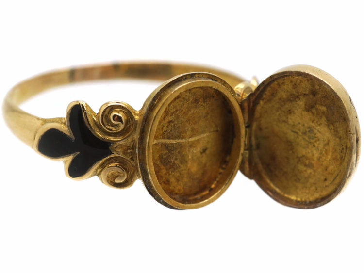 Early Victorian 15ct Gold, Black Enamel & Rose Diamond Pansy Ring with Hidden Compartment