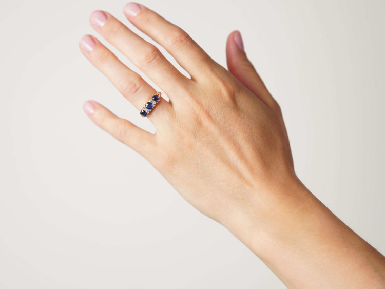Edwardian 18ct Gold Sapphire & Diamond Carved Half Hoop Ring