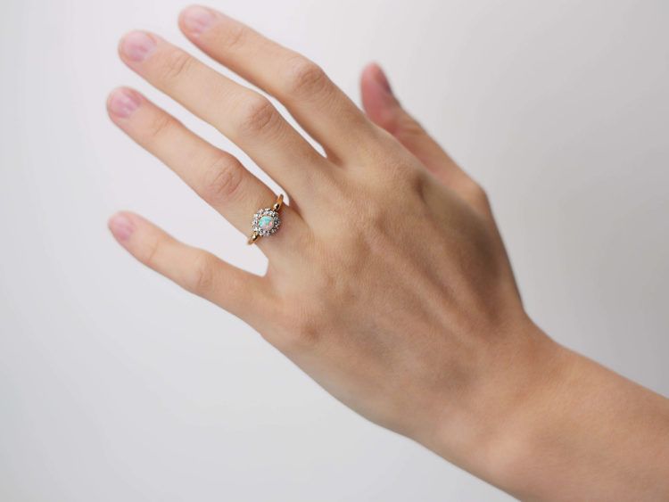 Edwardian 18ct Gold Opal & Diamond Cluster Ring