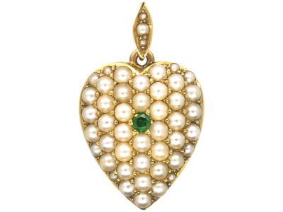 Edwardian 15ct Gold Heart Pendant Pave Set With Natural Split Pearls & a Green Garnet