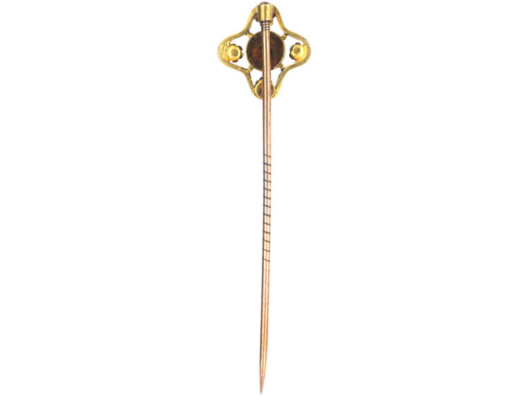 Edwardian 15ct Gold Tie Pin set with a Garnet & Four Natural Pearls