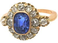 Edwardian 18ct Gold Sapphire & Diamond Cluster Ring with Diamond Set Shoulders