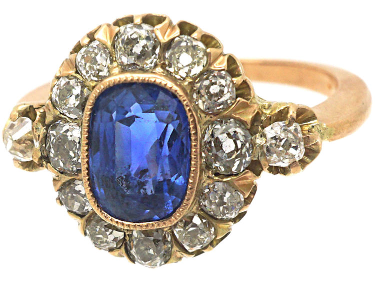 Edwardian 18ct Gold Sapphire & Diamond Cluster Ring with Diamond Set Shoulders