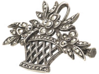 French Art Deco Silver & Marcasite Basket of Flowers Brooch