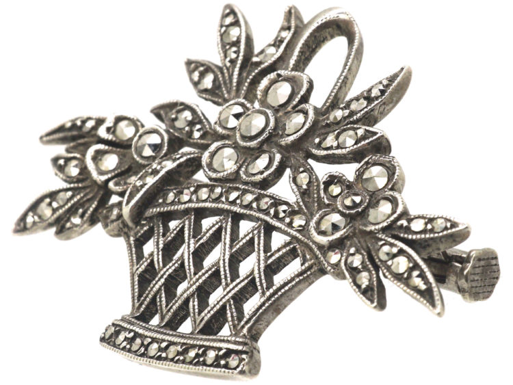 French Art Deco Silver & Marcasite Basket of Flowers Brooch