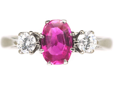 Art Deco 18ct White Gold & Platinum, Pink Sapphire & Diamond Three Stone Ring