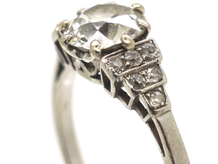 Art Deco Platinum & Diamond Solitaire Ring with Diamond Set Step Shoulders
