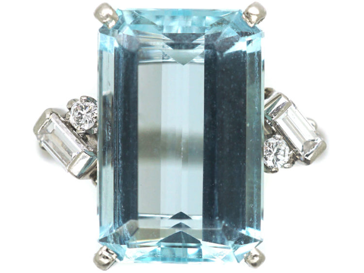 Platinum, Rectangular Aquamarine & Diamond Ring