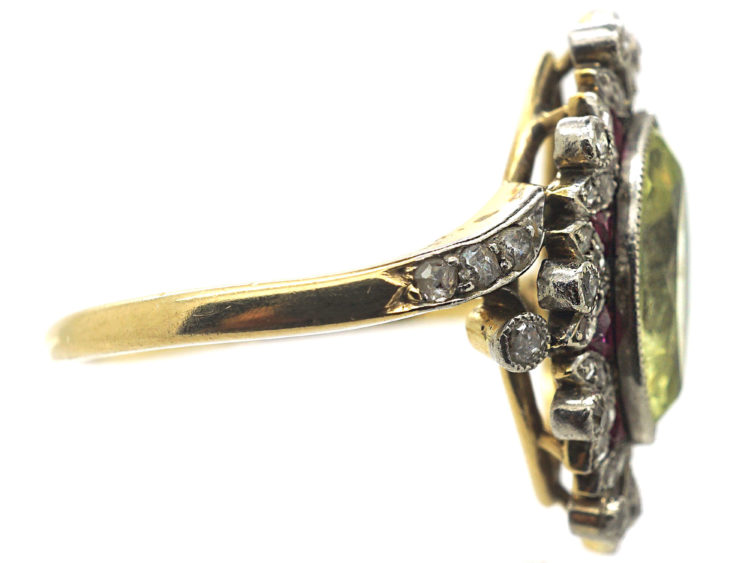 Edwardian 18ct Gold & Platinum, Chrysolite, Diamond & Ruby Ring