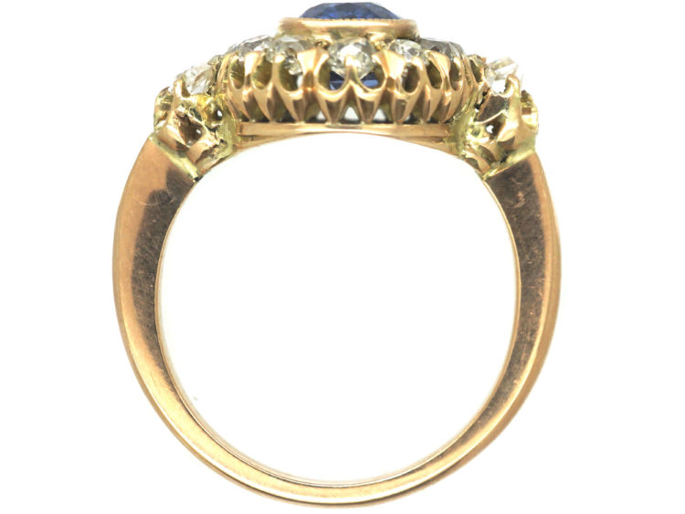 Edwardian 18ct Gold Sapphire & Diamond Cluster Ring with Diamond Set Shoulders