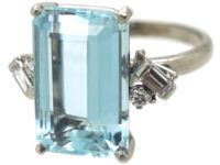 Platinum, Rectangular Aquamarine & Diamond Ring