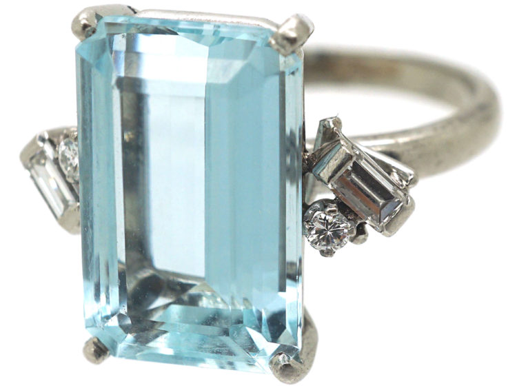 Platinum, Rectangular Aquamarine & Diamond Ring