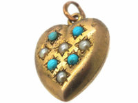 Edwardian Heart Shaped Pendant set with Natural Split Pearls & Turquoise