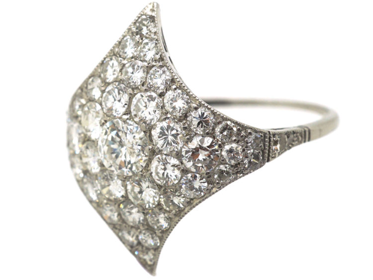 Art Deco Platinum Curved Diamond-Shaped Cluster Ring