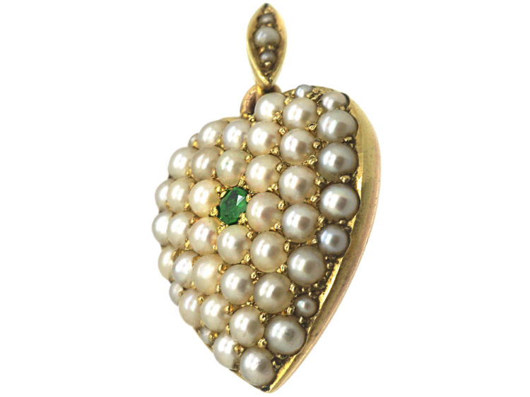 Edwardian 15ct Gold Heart Pendant Pave Set With Natural Split Pearls & a Green Garnet