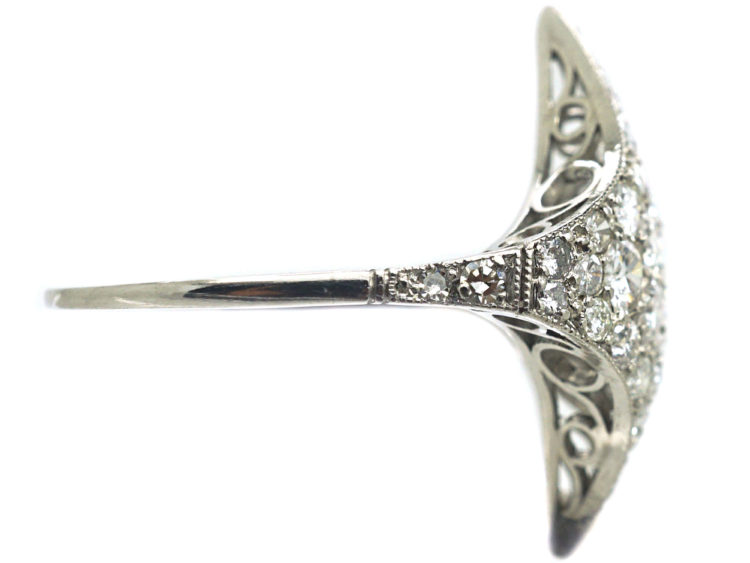 Art Deco Platinum Curved Diamond-Shaped Cluster Ring