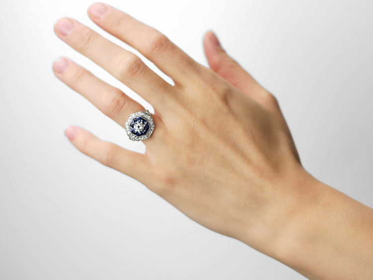French Platinum Sapphire & Diamond Octagonal Ring