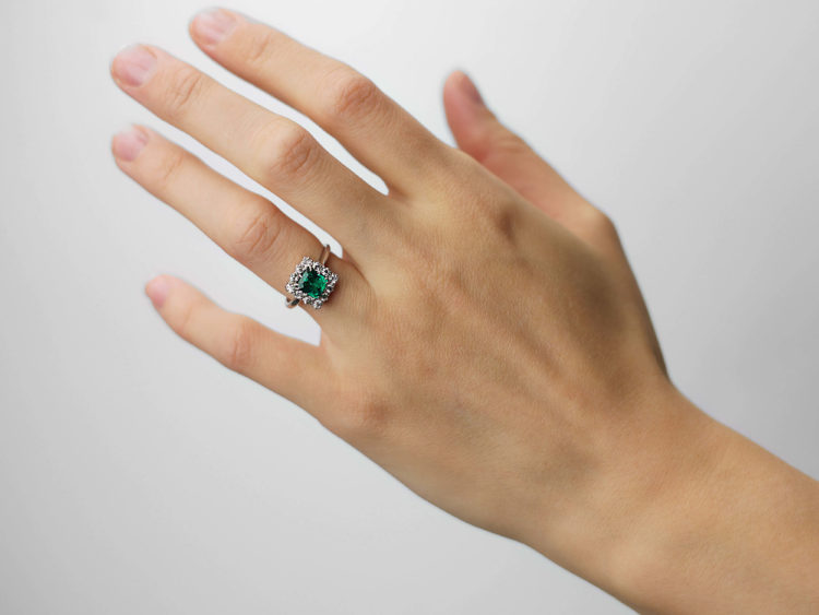 Art Deco Platinum, Emerald & Diamond Square Ring