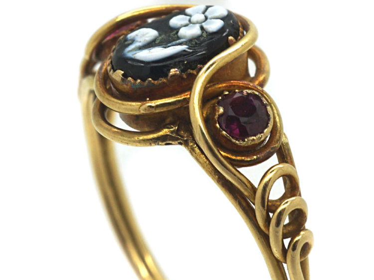 Early Victorian 15ct Gold, Ruby & Onyx Pense à Moi Ring