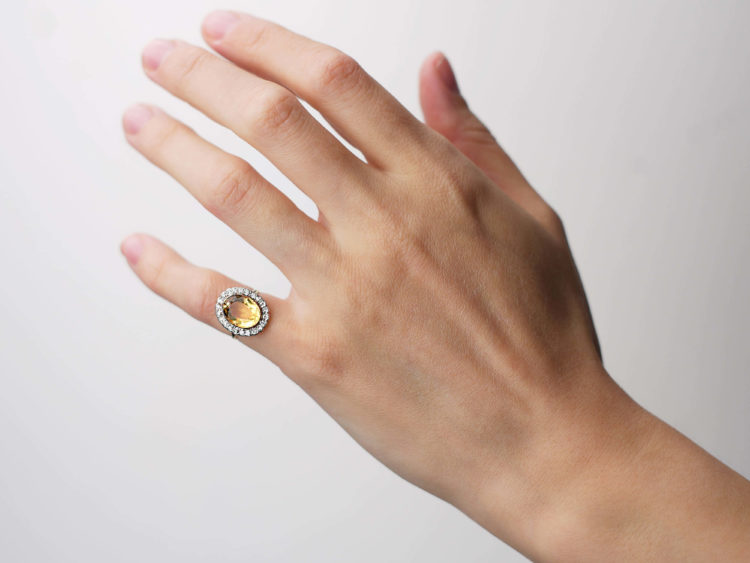 Edwardian 15ct Gold & Platinum, Citrine & Diamond Oval Cluster Ring