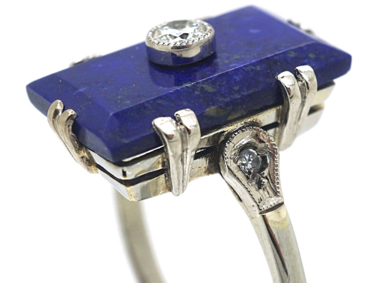 Art Deco 18ct White Gold & Platinum, Lapis Lazuli & Diamond Rectangular Shaped Ring