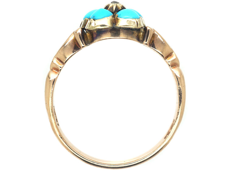 Victorian 9ct Gold Forget Me Not Flower Ring set with Turquoise & a Rose Diamond
