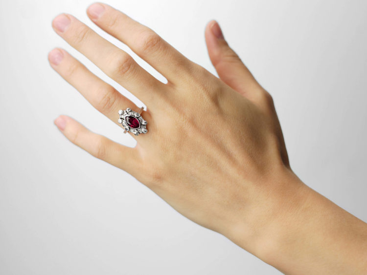 Art Deco Platinum, Marquise Cut Ruby & Diamond Ring