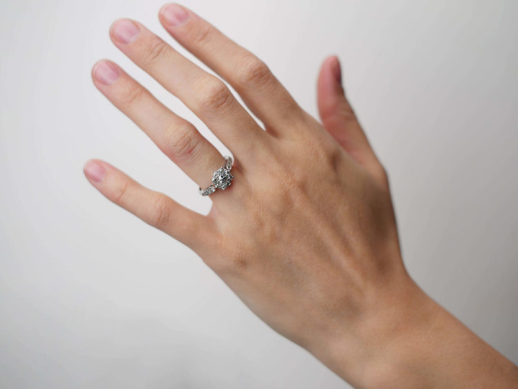 Edwardian 18ct White Gold & Platinum, Diamond Cluster Ring with Diamond set Shoulders