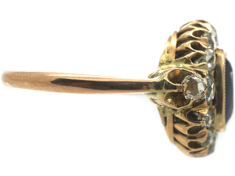 Edwardian 18ct Gold Sapphire & Diamond Cluster Ring with Diamond Set Shoulders