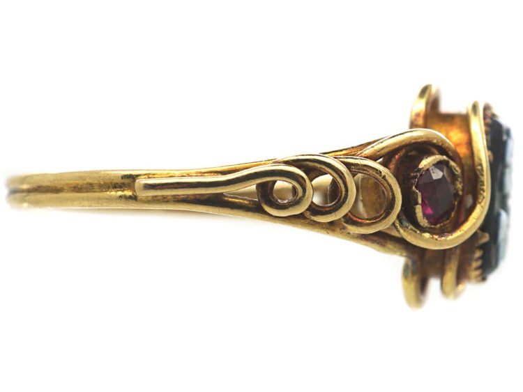 Early Victorian 15ct Gold, Ruby & Onyx Pense à Moi Ring