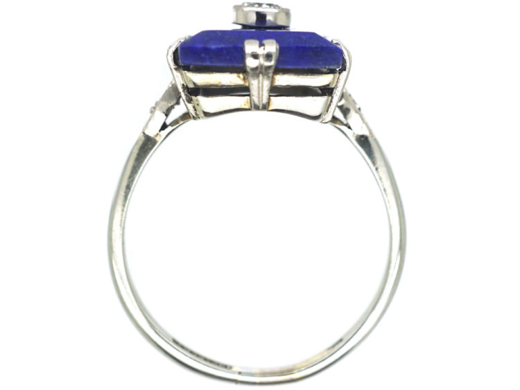 Art Deco 18ct White Gold & Platinum, Lapis Lazuli & Diamond Rectangular Shaped Ring