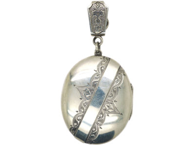 Victorian Silver Engraved Oval Locket with Engraved Loop