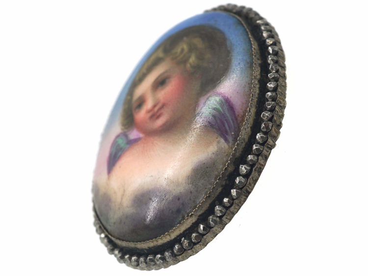 Georgian Cut Steel & Porcelain Pendant of an Angel