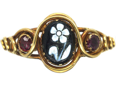 Early Victorian 15ct Gold, Ruby & Onyx Pense à Moi Ring