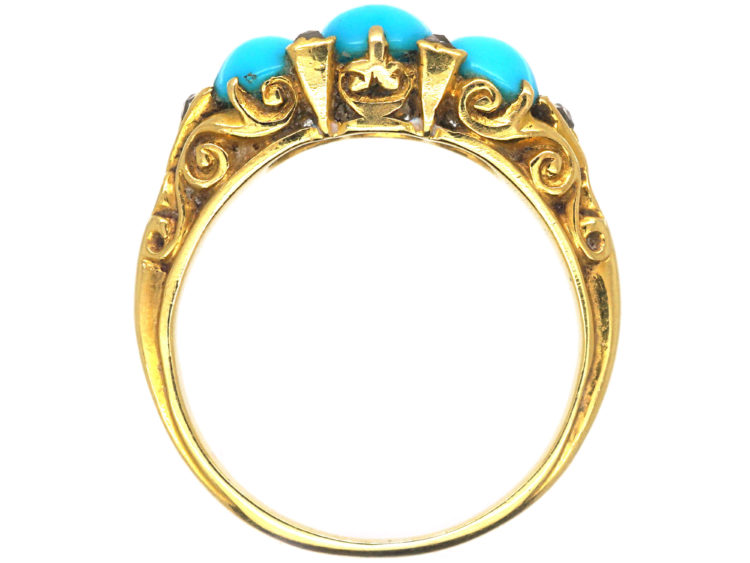 Victorian 18ct Gold Three Stone Turquoise & Rose diamond Ring