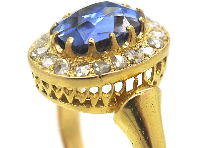 Victorian 18ct Gold, Ceylon Sapphire & Rose Diamond Cluster Ring