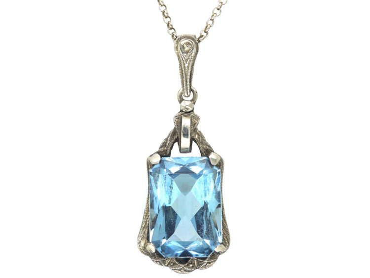 Art Deco Silver Synthetic Blue Spinel Pendant on a Silver Chain