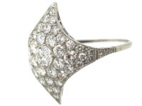 Art Deco Platinum Curved Diamond-Shaped Cluster Ring
